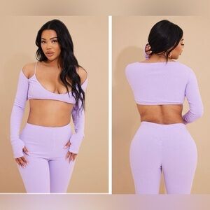 NWT PRETTYLITTLETHING Shape Lilac Rib Cut Out Shoulder Crop Top Sz 10 Brand New